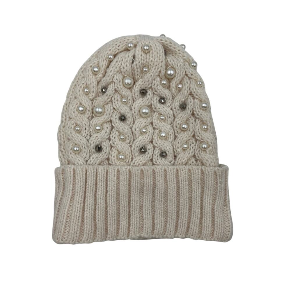 Anthropologie Cable Knit Ivory Beanie Hat With Pearl Embellishments New